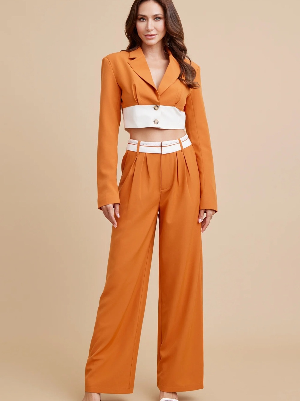 Tailored Wide-Leg Pants & Cropped Blazer Set in Orange